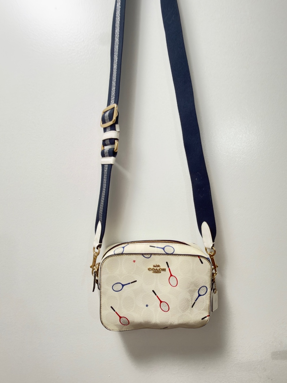 Coach Cream Crossbody Bag with Red and Blue Tennis Racket Print